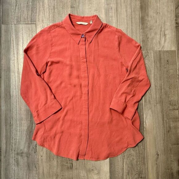 Soft Surroundings Tunic Top Orange Cotton Gauzy Button Up Shirt Over Sized Long - Picture 1 of 7
